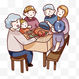 家人团聚吃饭图片_手绘卡通感恩节家人团聚