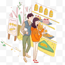 特卖活动宣传单图片_情人节情侣买面包手绘插图