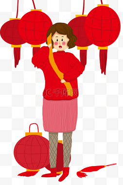 红色中国年灯笼女孩插画