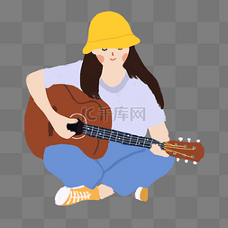 吉他演奏图片_夏季弹吉他女孩手绘