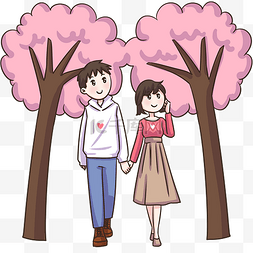 手绘卡通情侣散步图片_手绘情人节散步插画