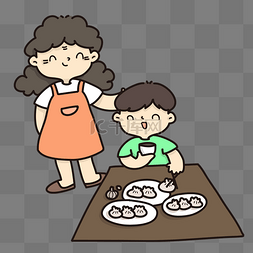 简笔画食图片_简笔画立冬吃饺子的小男孩和妈妈
