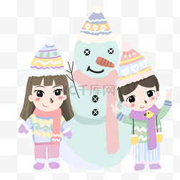 围巾手套帽子图片_冬季暖色系手绘小孩堆雪人