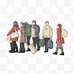 背着的包图片_卡通手绘春运提着行李等车的人