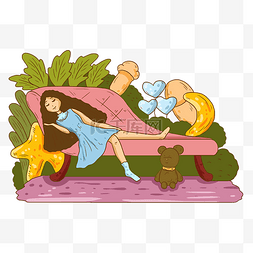 沙发日系素材图片_卡通世界睡眠日小女孩插画日系