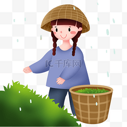 谷雨的插画图片_谷雨采茶的小女孩
