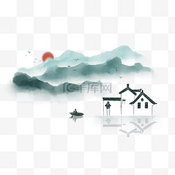 渔民画墙绘图片_漂亮的水墨江南插画