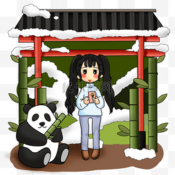 冬天可爱小女孩和啃竹子的熊猫