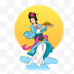 中秋节嫦娥飞天手拿月饼插画