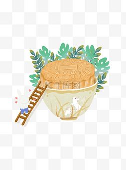 手绘中秋节玉兔爬梯子吃月饼绿叶
