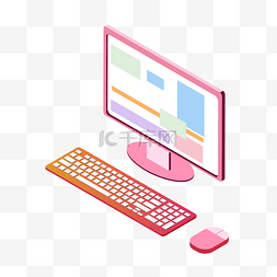电脑台式插画图片_2.5D粉色台式电脑插画