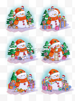圣诞节堆雪人图片_手绘创意圣诞节堆雪人系列场景精