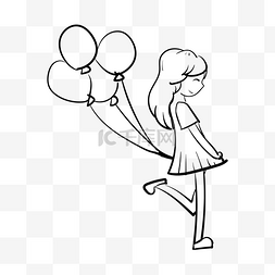 线条卡通人图片_线描情人节气球女孩插画线条