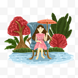 椅子沙发植物图片_雨水卡通小女孩雨伞可爱插画