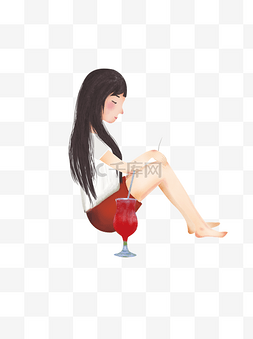 坐着喝果汁的女孩彩绘图案元素