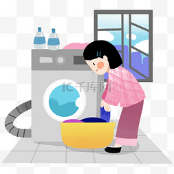 舒适的手绘图片_卡通手绘洗衣服的女士创意海报