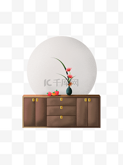 禅意手绘矮柜插花和水果植物可商