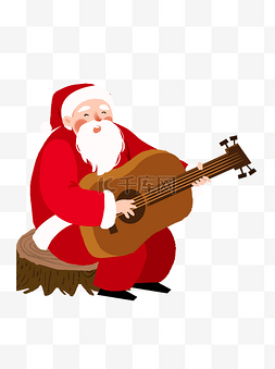 卡通圣诞节坐在树桩上弹吉他的圣