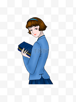 拿书本的蓝衣女子