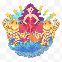 女神和两只金色锦鲤华丽插画