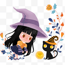 手绘万圣节扮女巫女孩黑猫插画