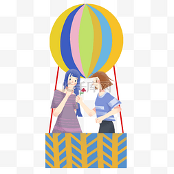 人物热气球图片_卡通手绘女孩和朋友开心乘坐热气