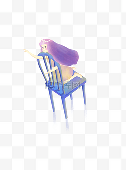 跪在椅子上紫色长发梦幻女孩 