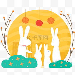 月灯笼图片_中秋节-月兔-圆月全家团图案