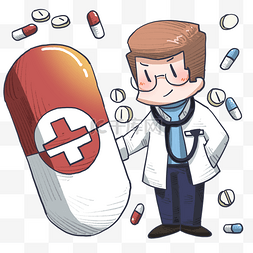 医生衣服卡通图片_医疗手绘红色的药丸和医生