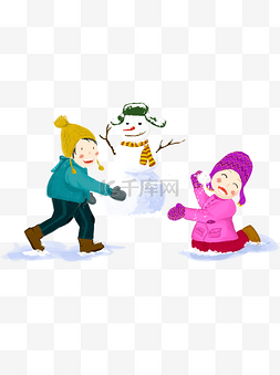 手绘可爱男孩女孩堆雪人元素