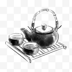 茶杯手绘插画图片_水墨茶盘黑色茶具