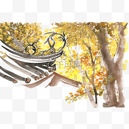古寺的秋天水彩画PNG免抠素材