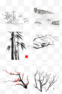 中国风水墨山水植物写意插画6个