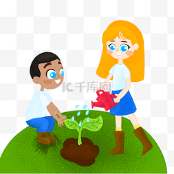 手绘植树节卡通男孩和女孩给树苗