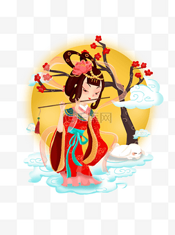 中秋节古典嫦娥吹笛人物卡通插画
