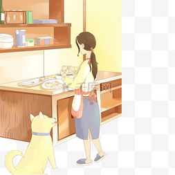 女孩和狗图片_和狗狗一起在厨房做菜的女孩免抠