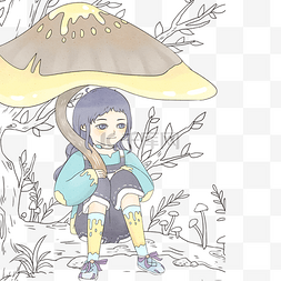 卡通绿色蘑菇图片_卡通小女孩拿着大蘑菇免抠图
