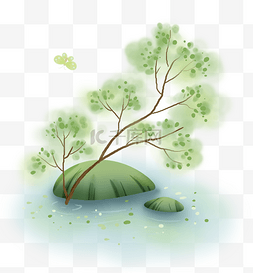 水墨中国风河流图片_春天水塘边的树木