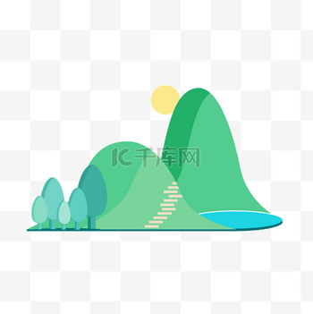 山水插画素材图片素材手绘扁平风山水风景PNG素材
