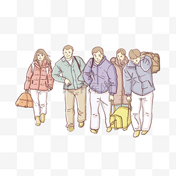 旅途回家图片_卡通手绘一群人背着行李回家
