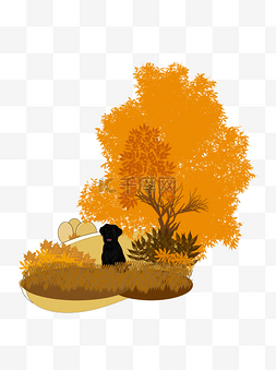 枯黄的大树图片_手绘卡通秋天大树下枯黄草丛中的