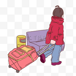 红色易拉宝喜庆图片_手绘拉着行李箱人物