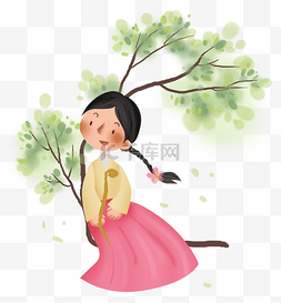春天坐在树上的韩服少女