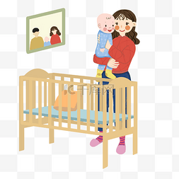 母婴人物和婴儿床插画
