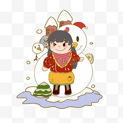 雪场图片_雪地场景小女孩与雪人手绘插画