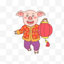 手绘金元宝灯笼图片_猪年2019年卡通手绘猪猪拿灯笼