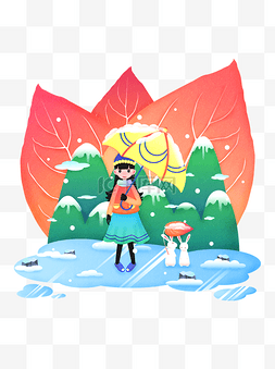 冬天卡通下雪图片_二十四节气小雪之女孩雪天打伞商