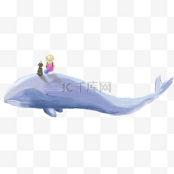 卡通手绘坐鲸鱼的女孩