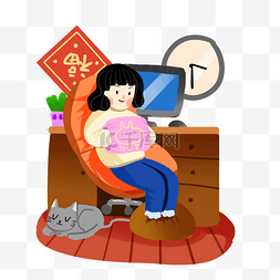 猫咪图片_取暖人物和电脑插画