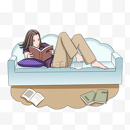 卡通看书人物图片_宅生活躺着看书的小女孩